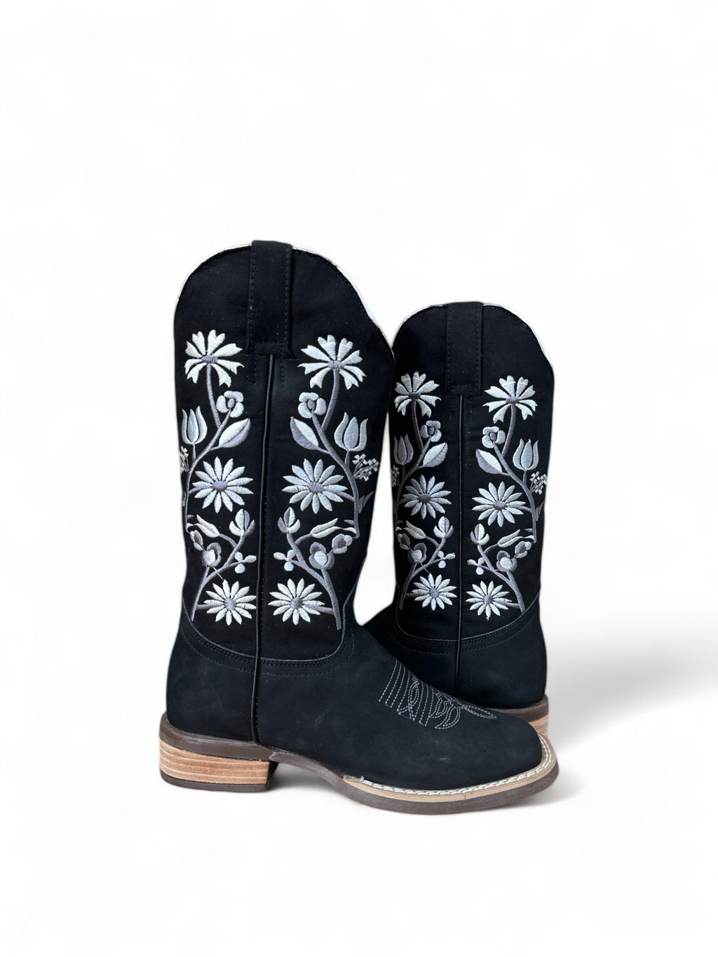 Women Boots Black with White Embroidered Flowers Toro Moro